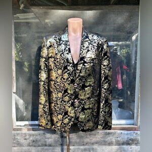 CloudStyle Black Velvet Metallic Gold Shimmer Paisley Blazer Jacket/Vest~48~